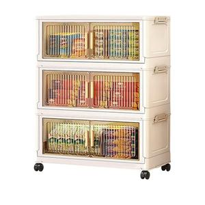 SHUNYILONG Foldable Rolling Storage Cart with Doors & Clear Windows, Stackable Plastic Bins for Clothes Organization (Stripe  2 Clear & 1 Yellow, 3 Tier  14.7" D x 9.2" W x 25.9" H)