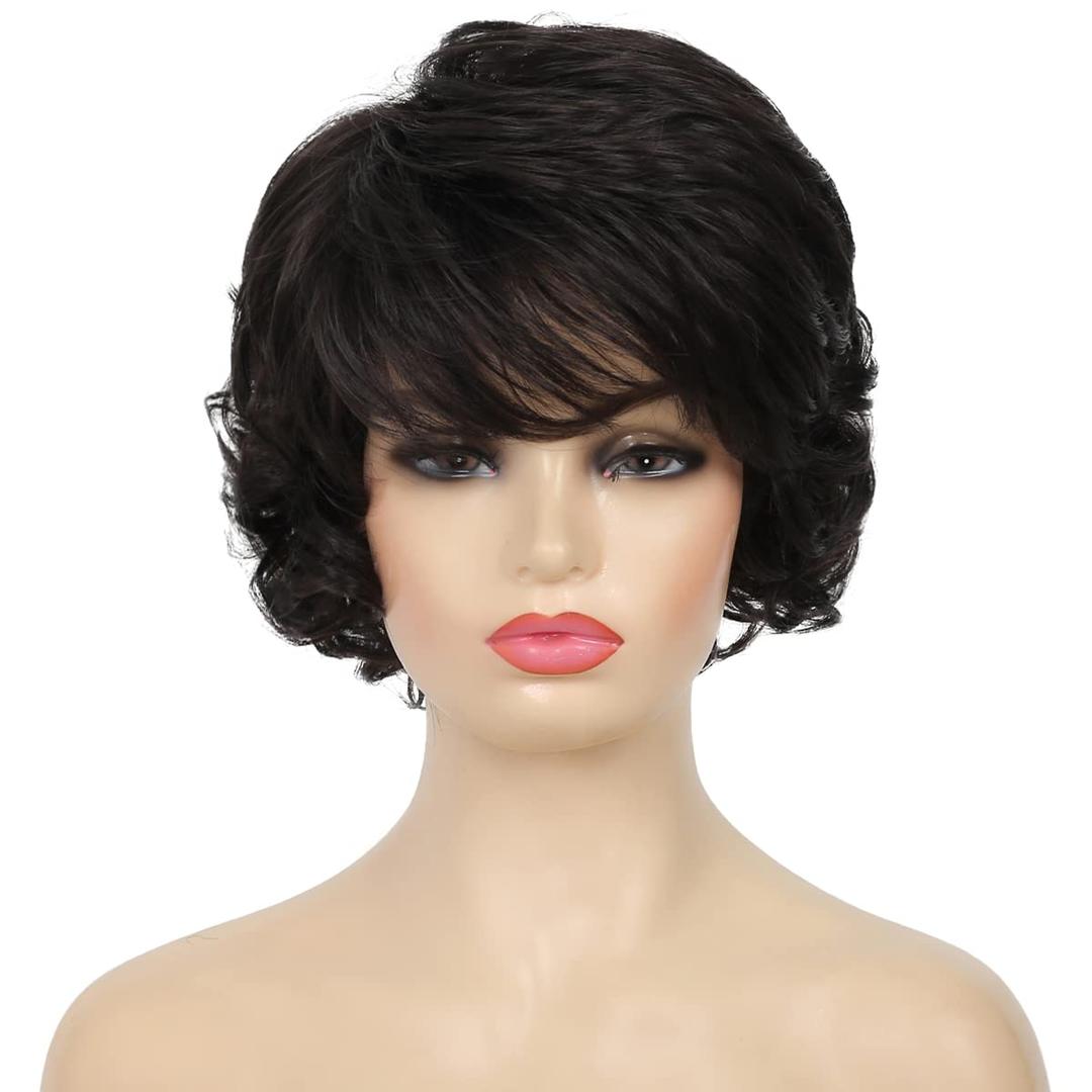 Kaneles Short Black Curly Wavy Wigs for Women Natural Looking Synthetic Halloween Hair Wig
