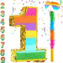 Rainbow Number 1 Pinata for 1st Birthday Party Decorations, Birthday Pinata with Stick Blindfold and Confetti, Kids Anniversary Celebration, Fiesta (Small, 16.5 x 11.5 x 3 In)