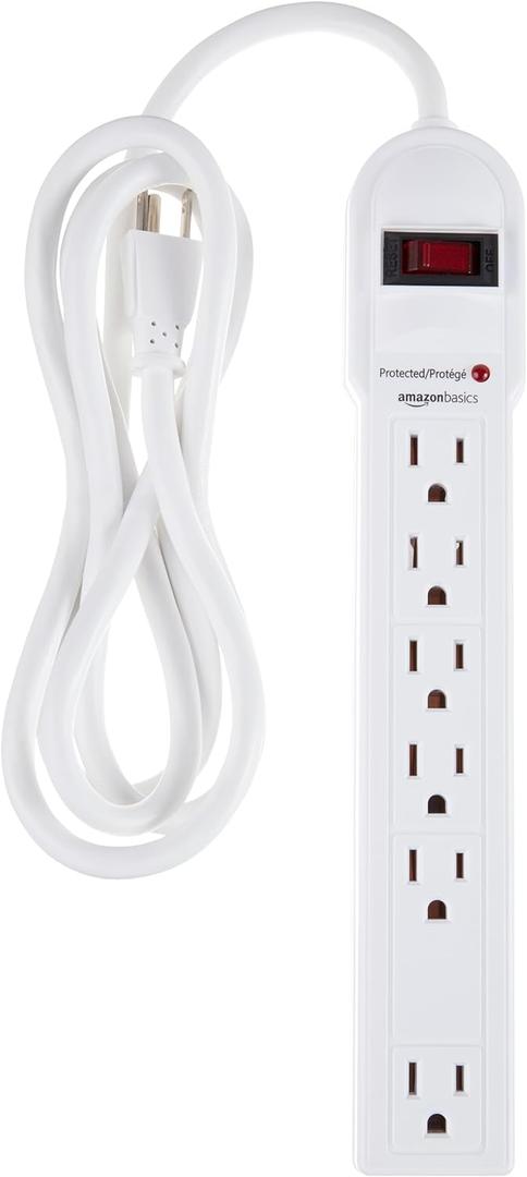 Amazon Basics Surge Protector Power Strip, 6-Outlet, 790 Joules, LED Indicator, 6ft Extension Cord, White (1 Pack)