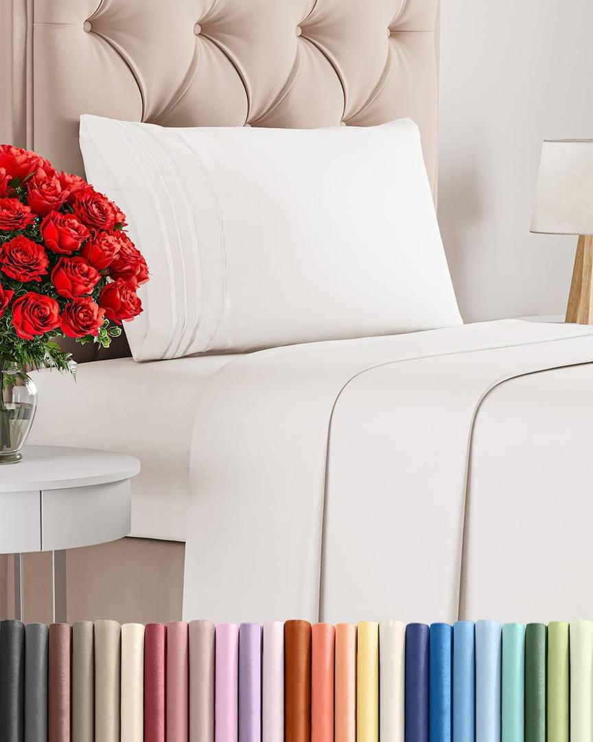 CGK Unlimited Twin Size 3 Piece Sheet Set - Comfy Breathable & Cooling Sheets - Hotel Luxury Bed Sheets for Women & Men - Deep Pocket, Easy-Fit, Extra Soft & Wrinkle Free Sheets - Antique White Oeko-Tex Bed Sheets