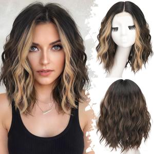 Dark Brown Mixed Blonde Short Wavy Wig for Women Lace Hairline Bob Style Synthetic Heat Resistant - Natural Appearance for Everyday Hairstyle 14 Inch
