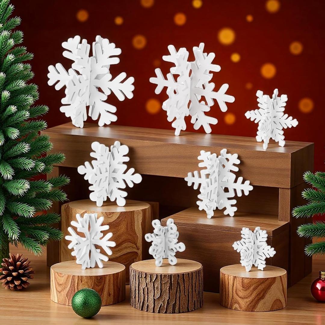 16 Pcs Wooden Snowflake Christmas Table Decorations White Winter 3D Snowflake Decor Centerpiece for Christmas Winter Wonderland Decorations Home Party