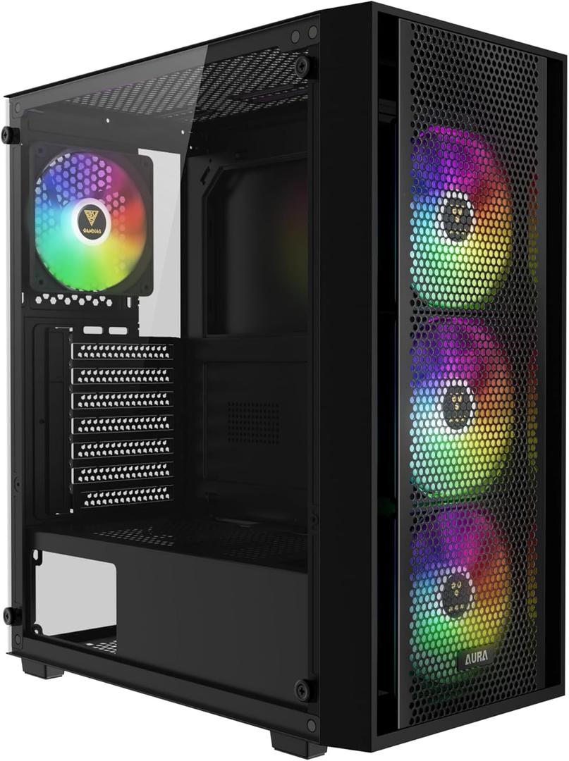 GAMDIAS ATX Mid Tower Computer PC Case with Tempered Glass, 4X 120mm ARGB PWM Fans Gaming Case, Support Up to 6X 120mm Fans, 360mm AIO/Radiator, 260mm GPU/VGA, 160mm CPU Air Cooler