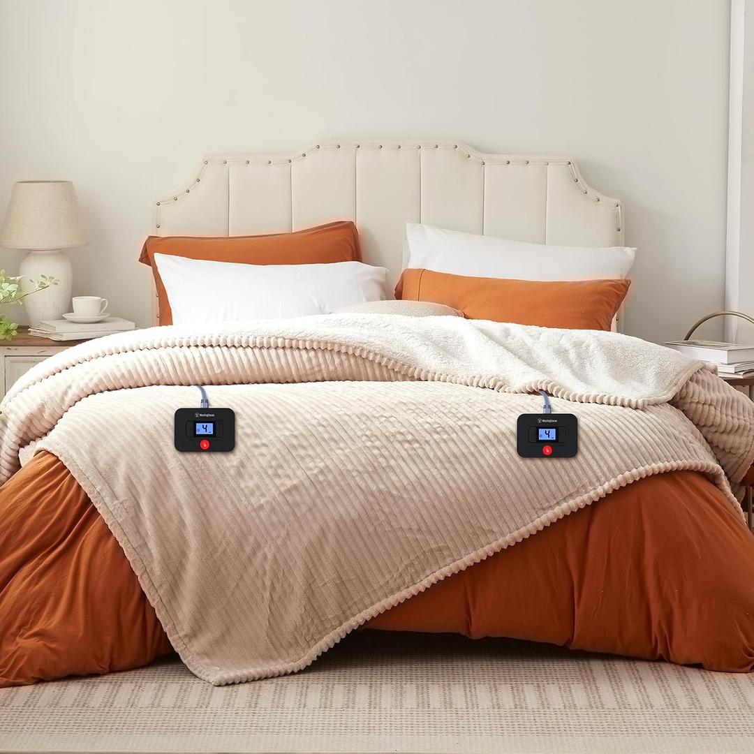 Westinghouse Queen Size Electric Blanket, Flannel to Sherpa Reversible, Heated Blanket Queen with Dual Control 10 Heating Settings & 1-12 Hours Auto Shut Off, Machine Washable, (84" x 90", Beige)