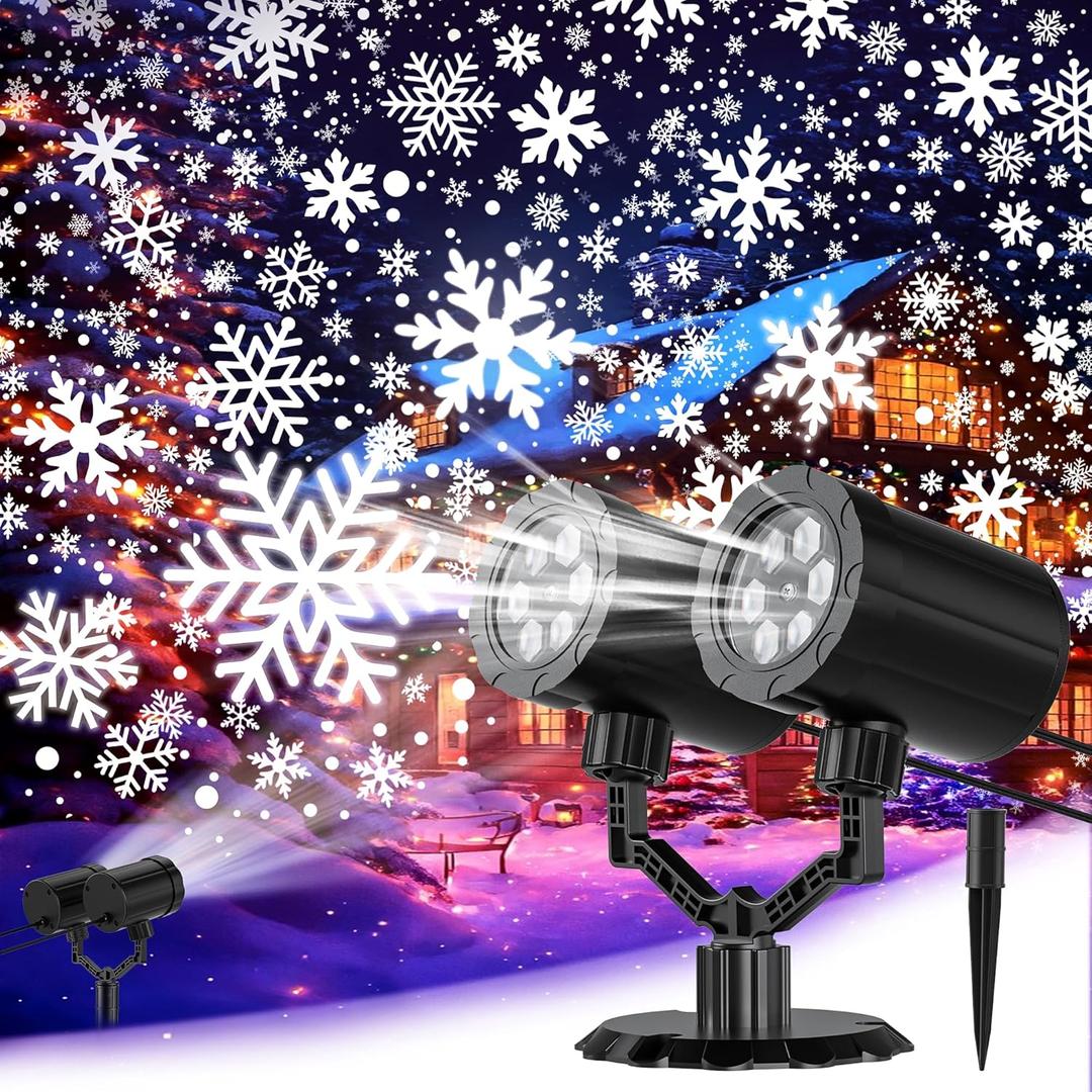 Christmas Projector Lights Outdoor, GUSODOR Dynamic Snowflake Projector IP65 Waterproof 360Rotating LED Projection Lights for Indoor Outdoor Christmas Decoration, Holiday, Yard Decor-Dual-Head A