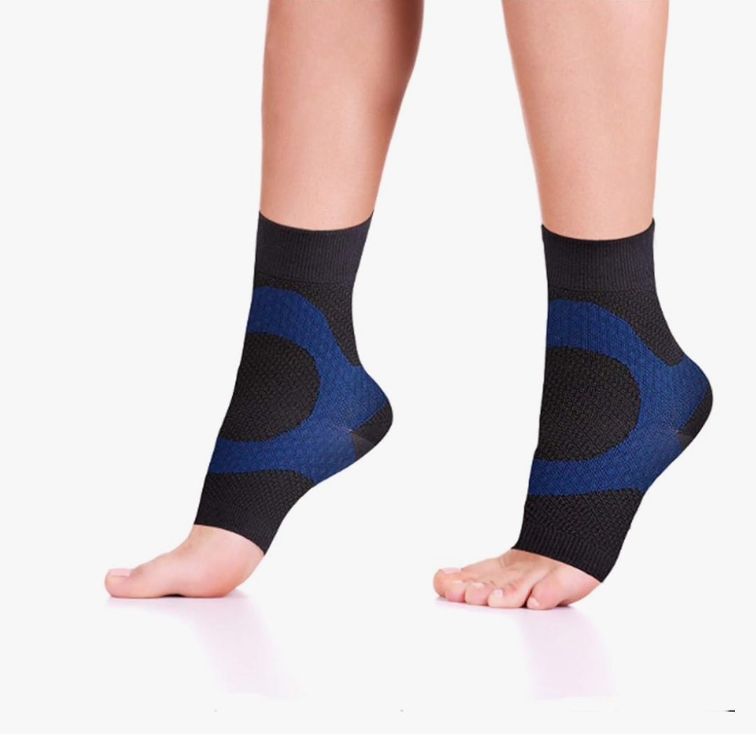 Wanderlust Plantar Fasciitis Sleeves - Open Toe Compression Socks With KT Tape, L Size, Pack of 2