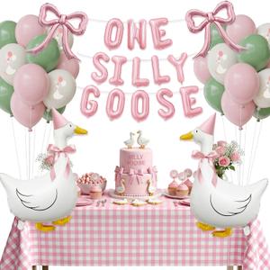 One Silly Goose 1st Birthday Table Decorations Girl Goose Balloons with Pink Bow, ONE SILLY GOOSE Foil Banner & Gingham Tablecloth, Cute Baby Girl Birthday Party Decor