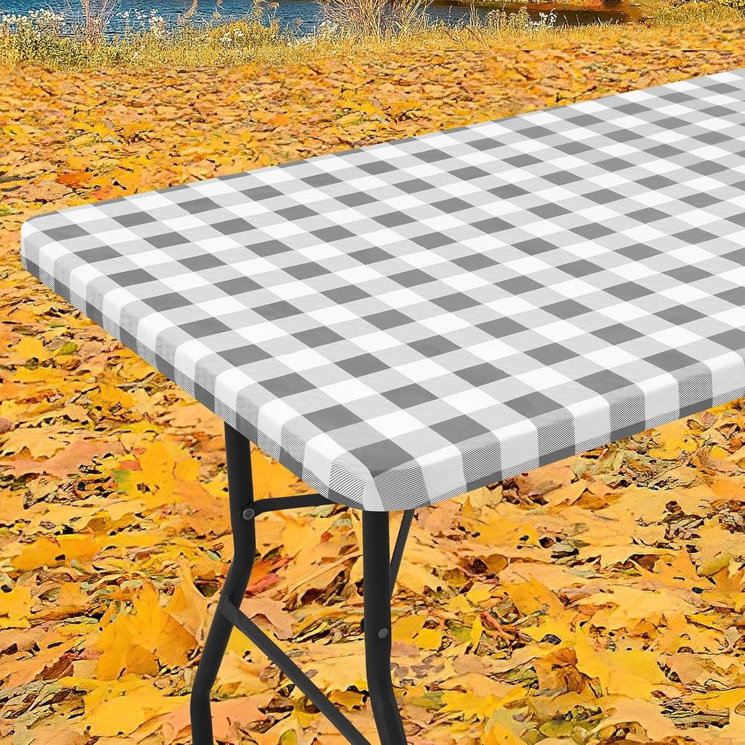 Smiry Rectangle Picnic Table Cloth, Elastic Waterproof Fitted Vinyl Tablecloths, Flannel Backed Buffalo Plaid Table Covers for Dining, Camping, Outdoor (White and Grey, 36" x 60")