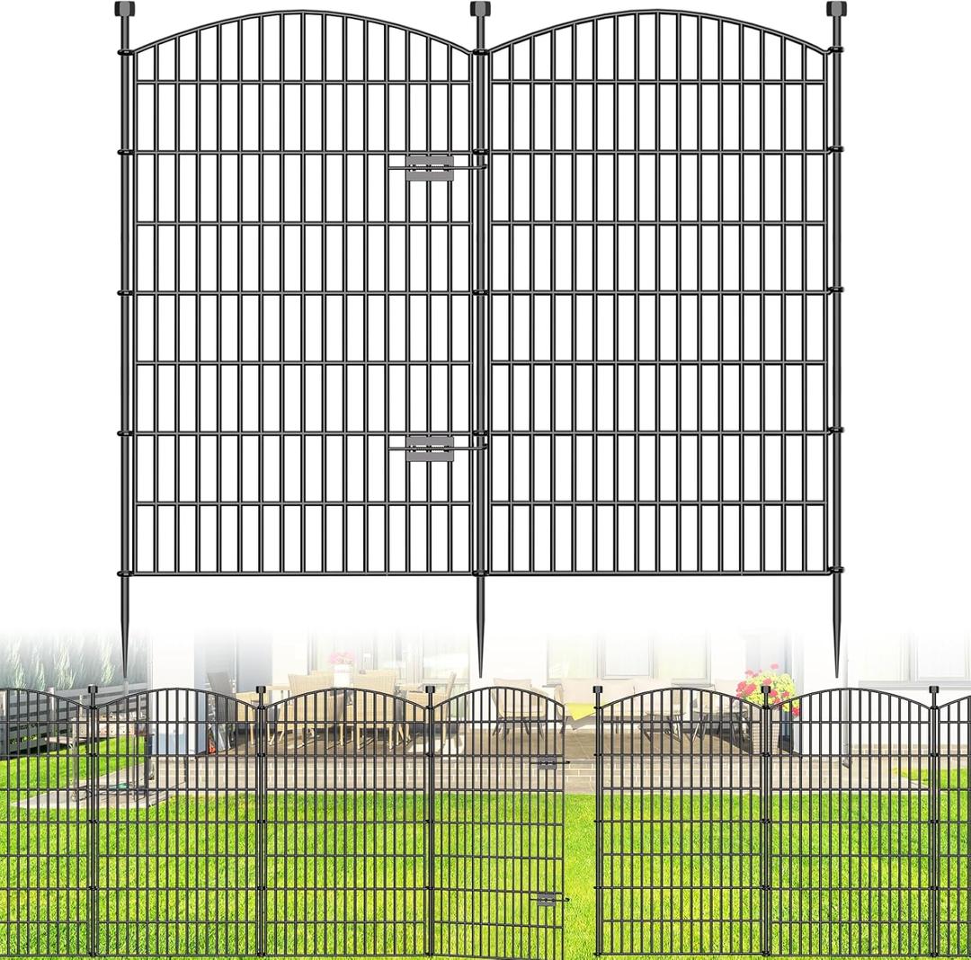 10 Panels No Dig Decorative Garden Fence with Gate - 48 in (H) x 22.6 ft (L), Dog Fence Outdoor for Yard, Rustproof Metal Animal Barrier Ground Stakes Fencing for Garden, Patio, Flower Bed