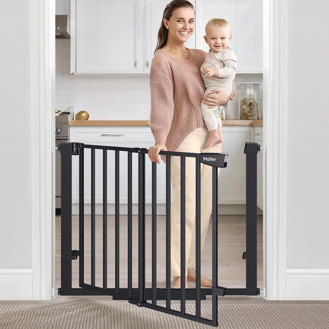 Malier Newest Baby Gate for Stairs with Large Walk Thru Door, 29-40" No Drill Pressure Mounted Dog Gate for Doorway, Auto Close Baby Gate, Easy Walk Through Gate Pet Gate for Child and Pets (Black)