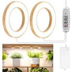 LORDEM 6.3" Bamboo Ceiling Grow Light for Indoor Plants, 144 LEDs Full Spectrum Grow Lamp, Under Cabinet Plant Light with 4/8/12H Auto Timer, 3 Switch Modes, 4 Dimmable Brightness Levels, Dual Head