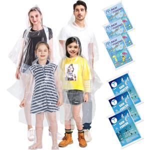 TUNCHMO Disposable Rain Ponchos 6 Pack for Adults/Kids/Family Set-50% Thicker Emergency Ponchos
