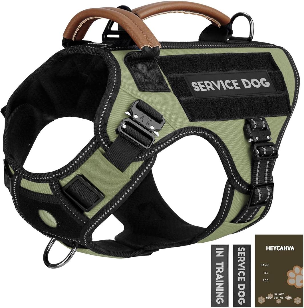 Tactical Dog Harness - HEYCAHVA Service Dog Vest Full Metal Buckles for Medium Large Dogs Reflective No Pull Dog Harnesses Vest with Leather Handle, Hook & Loop for Hiking Training (Green, M)