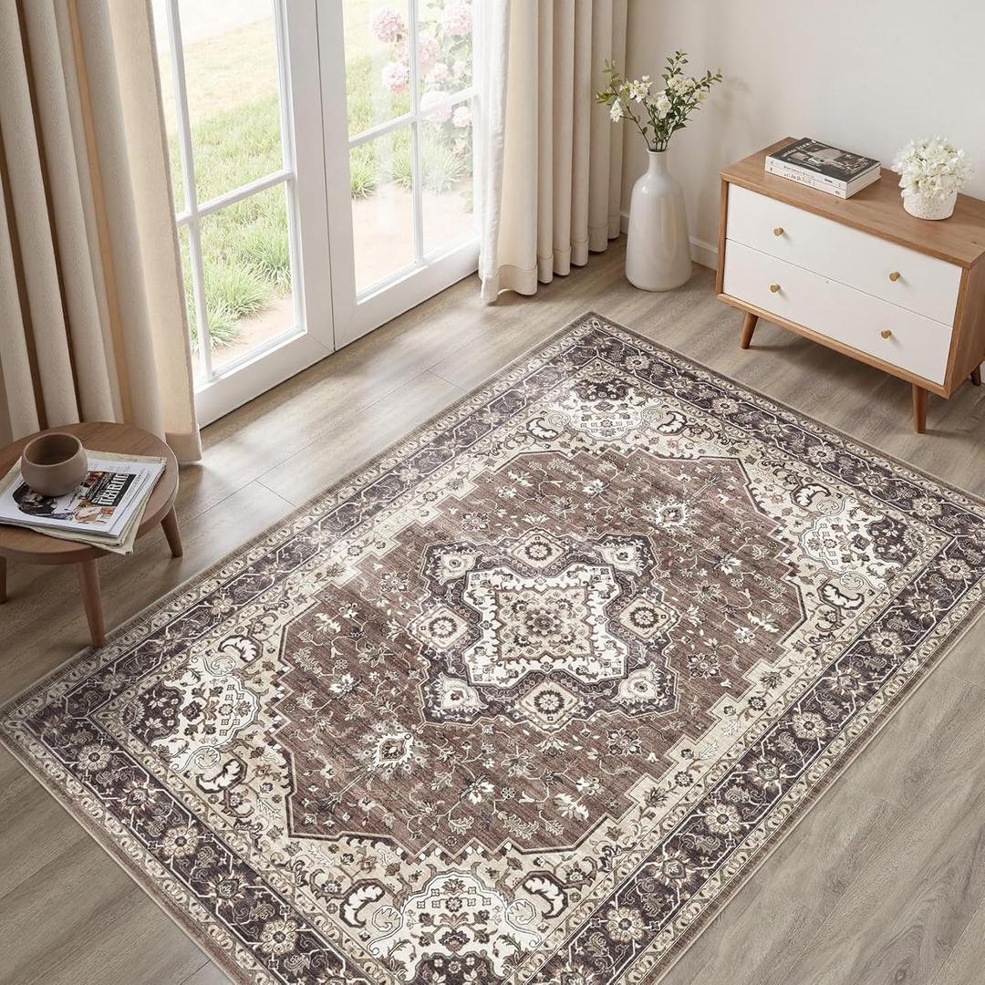 DEXIDUO Washable Area Rug 5x7: Vintage Non-Slip Stain Resistant for Living Room, Soft Large Carpet for Bedroom Dining Room Home Office(Brown and Cream)