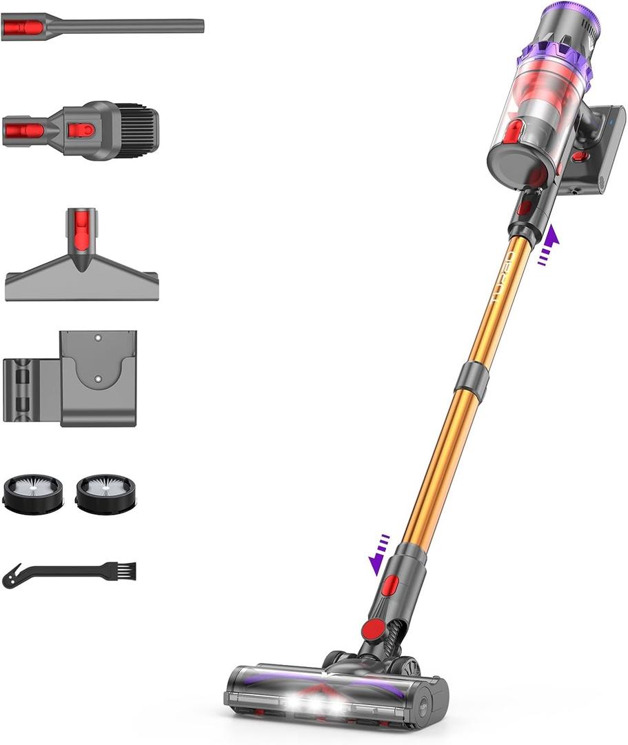 Coovy Cordless Vacuum Cleaner SU7, 580W 45Kpa 75 Minutes Runtime Stick Vacuum with Touch Screen, Anti-Tangle Wireless Powerful Lightweight Vac for Home Pet Hair Carpet Hardwood, Gold (Extra Grande)