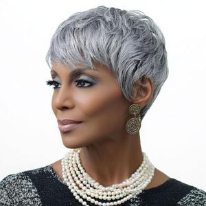 MOONSHOW Short Grey Pixie Wigs for Black Women Short Gray Pixie Wig Pixie Cut Wigs for Black Women Synthetic Glueless Layered Wig with Bangs for Women