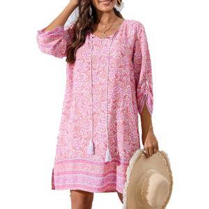 HOTOUCH Boho Dresses for Women Casual Beach Summer Dress V Neck 3/4 Long Sleeve Short Floral Print Swimsuit Cover Up Sundress S