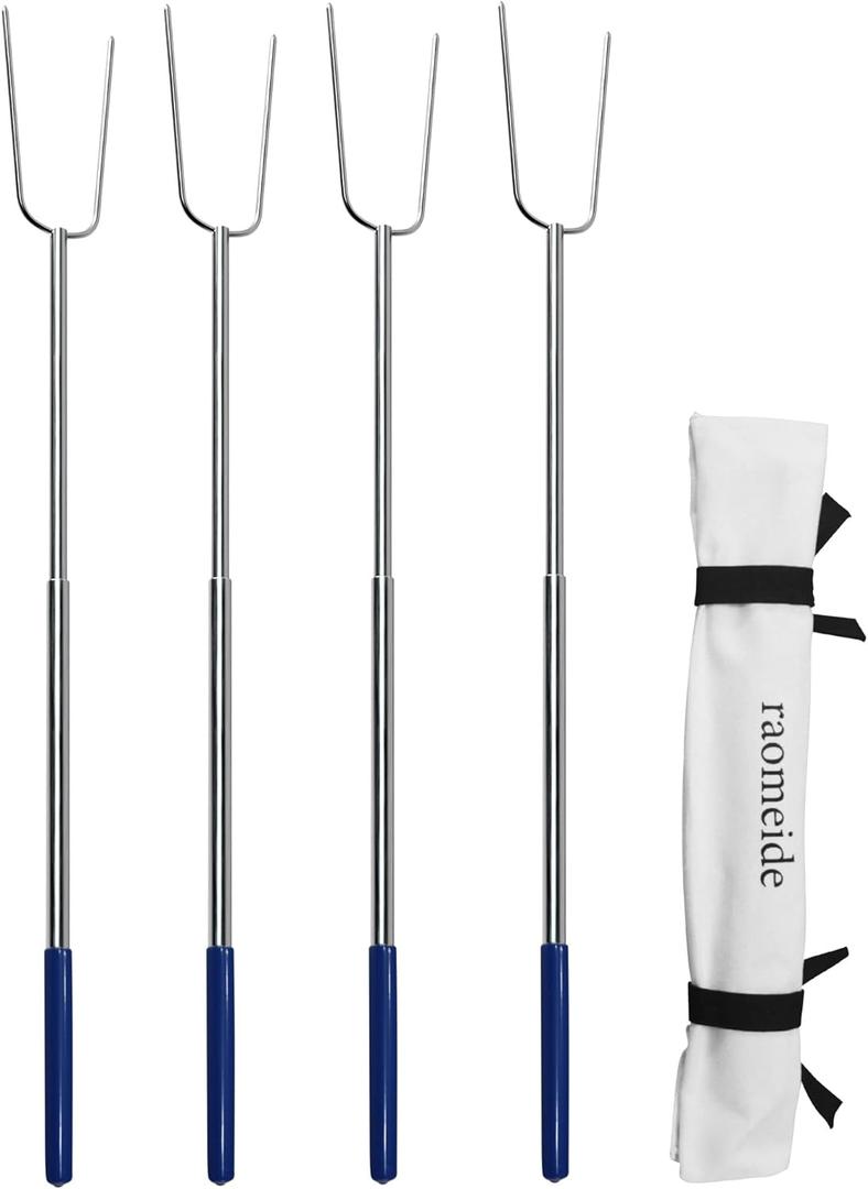 RAOMEIDE 32" Heavy Duty Hot Dog Roasting Sticks for Campfire, Smores Sticks for Fire Pit Long, Marshmallows Skewers (4 Pack)