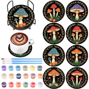 Reallnaive 8 Pcs Mushroom Paint by Numbers Kit for Adults Cute Coasters with Holder Mini Paint by Numbers Kits Round Oil Painting Drink Coaster for Small DIY Craft Birthday Gift
