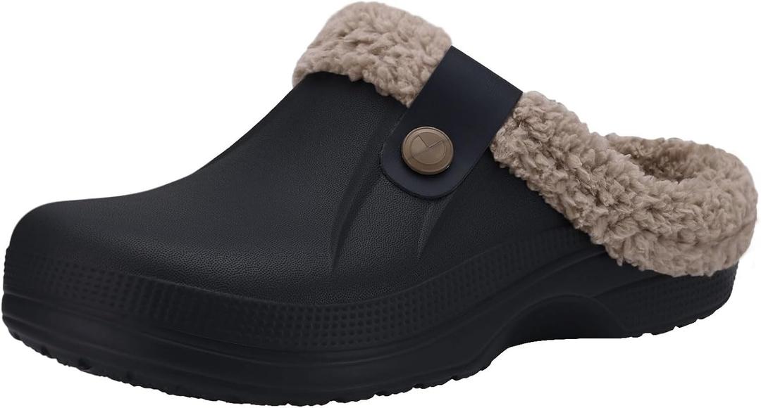 Beslip Classic Fur Lined Clogs Waterproof Winter Fuzzy Slippers for Women Men Indoor and Outdoor (6-7 Women/4.5-5.5 Men, Black/Khaki)