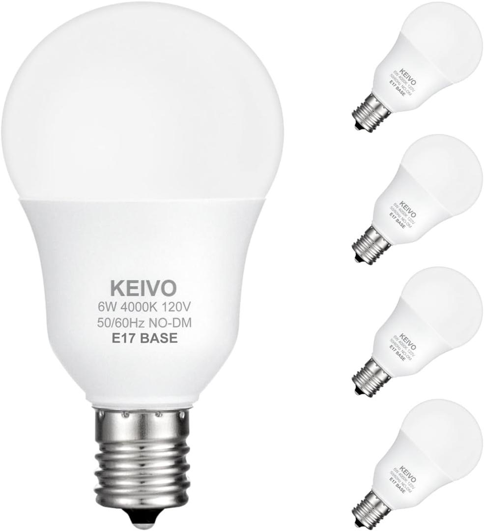KEIVO E17 Intermediate Base LED Light Bulbs, 6W(60 Watt Equivalent), Cool White 4000K, 600lm, G14 LED Bulb for Ceiling Fan, Non-Dimmable, Pack of 4
