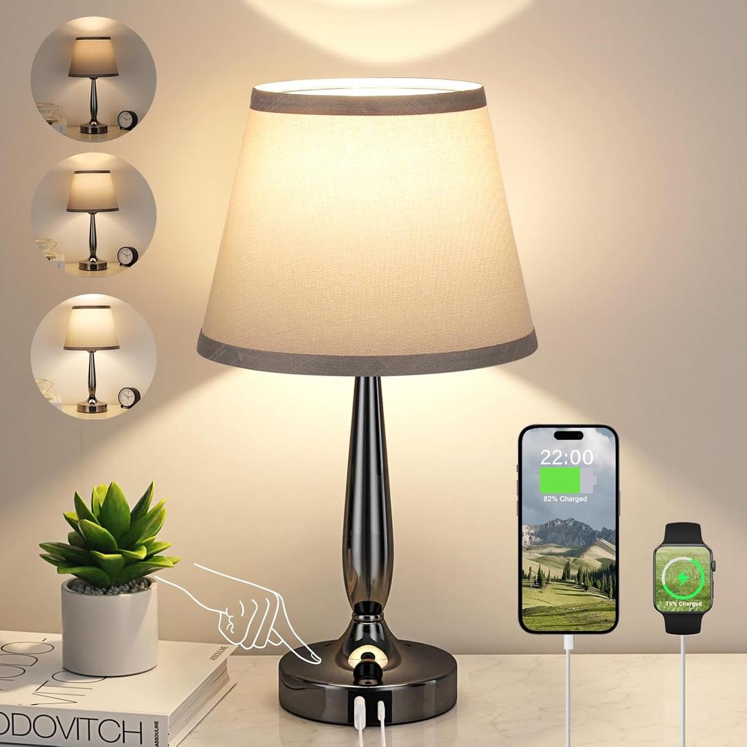 Kakanuo Touch Table Lamp for Bedroom, Small Bedside Lamp with USB C Charging Port, 3 Way Dimmable Touch Control Nightstand Lamp for Living Room and Office, LED Bulb Included (Gray)