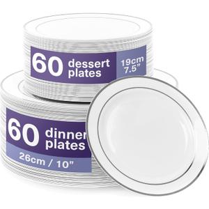MATANA 120 Silver Plastic Plates for Party - Reusable, Elegant 60 Dinner (10.25 Inch) 60 Dessert (7.5 Inch) Plates Disposable Heavy Duty with White and Silver Rim for Weddings and Christmas Parties