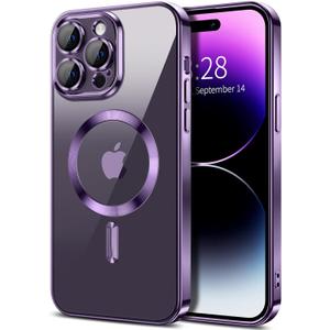 Hython Magnetic Clear for iPhone 14 Pro Case with Camera Lens Protector [Compatible with MagSafe] Luxury Plating Edge Slim Soft TPU Cover Protective Phone Case for iPhone 14 Pro 6.1", Deep Purple