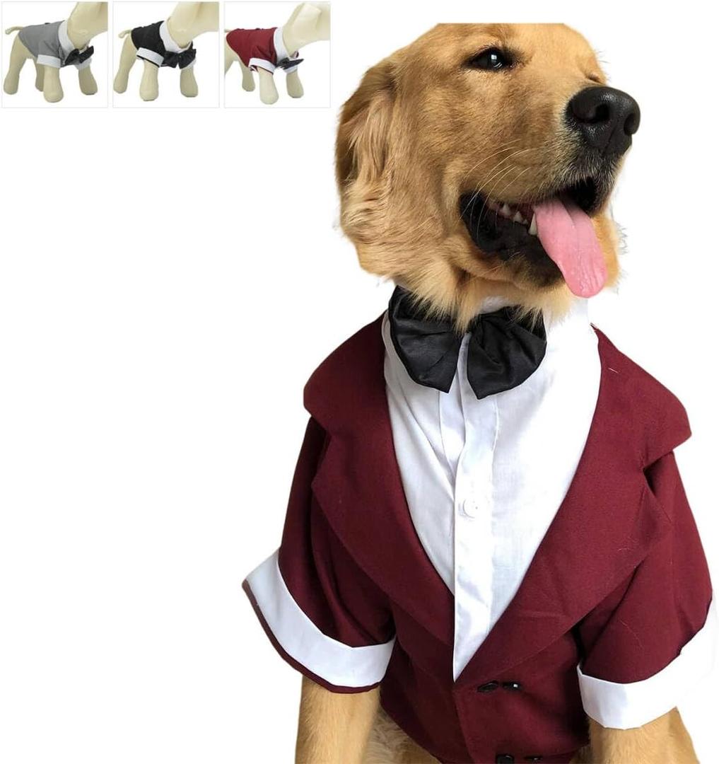 Lovelonglong Pet Costume Dog Suit Formal Tuxedo with Black Bow Tie for Large Medium Dogs Cat Wedding Clothes Reddish Brown L-M