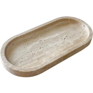 Natural Marble Oval Tray Ornaments Vintage Small Tray Storage Dish for Counter, Vanity, Dresser, Nightstand and Desk (Beige Travertine)