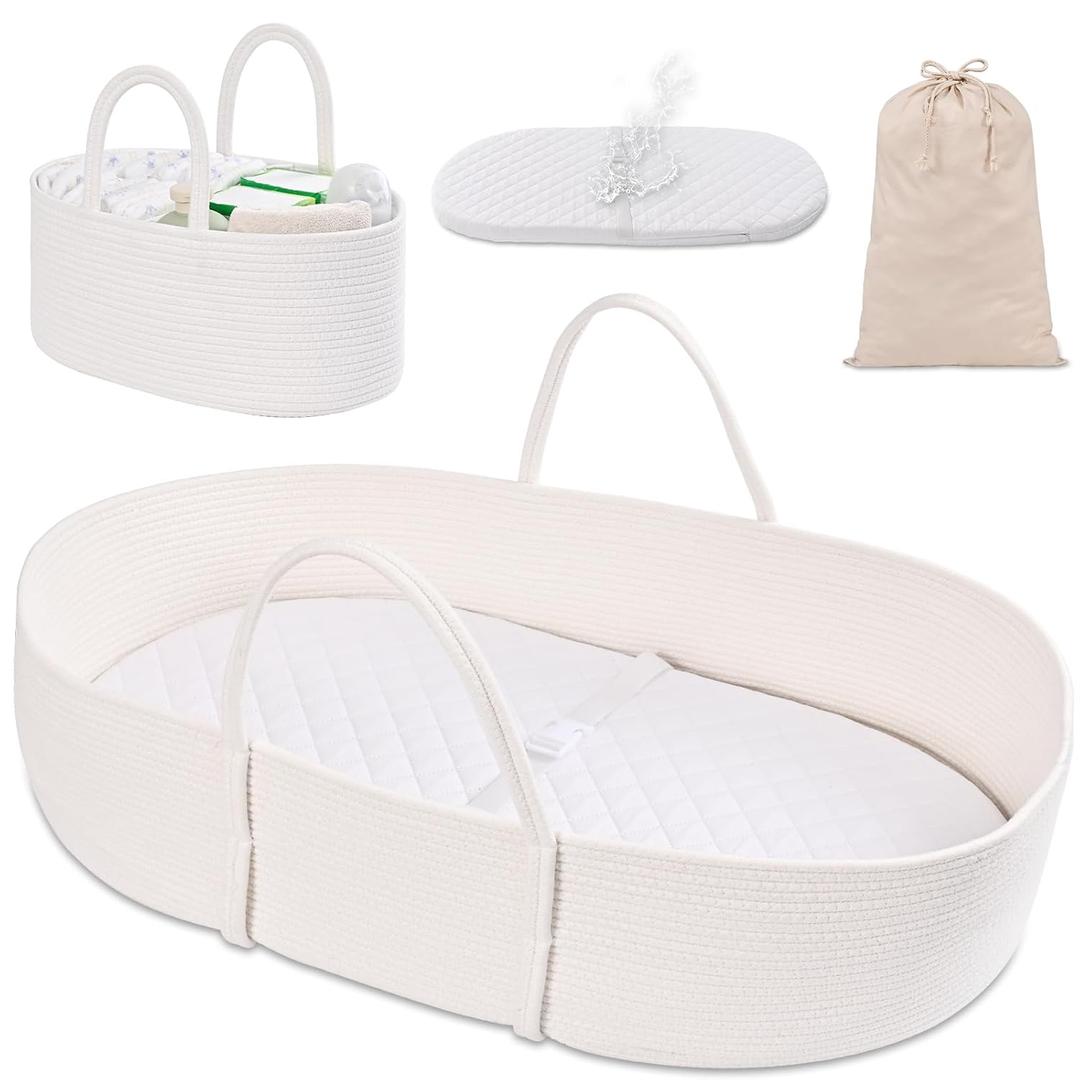 Changing Baskets Set,Moses Basket with Pad and Diaper Caddy,Set of 2 Baskets,Portable Cotton Rope Woven Basket,Replaceable Pad,Gifts for Newborn 28.7" x 15.7" x 7.8"（White）