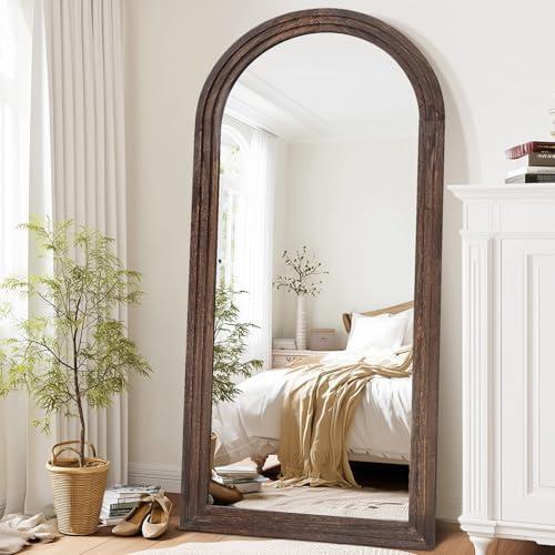 ABSWHLM Arched Full Length Mirror 71"x32" - Rustic Brown Solid Wood Wall Mirror, Oversized Leaning or Mounted Design for Bedroom, Entryway, Living Room Décor