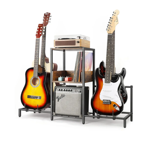 MOSAMNI Record Player Stand, Guitar Stand Rack Multiple Guitars 4-5 Multi Guitar Holder with 3-Tier Storage Shelf for Acoustic, Electric Guitar, Bass, Guitar Amp Accessories, Music Studio (Patent)