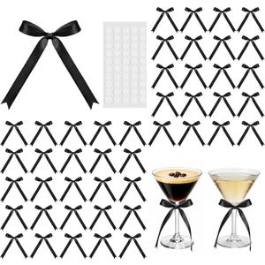 Riceshoot 50 Pcs Black Mini Bows for Wine Glasses 2.55''x3.54'' Satin Ribbon Bow with Adhesive Dots for Champagne Glass Candle Holder Wine Glass Bow for a Tini Bit Older Espresso Martini Party Decor