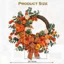 24" Artificial Fall Half Wreath for Front Door Autumn Wreath with Pumpkin Peony Eucalyptus Chrysanthemum and Ribbon for Halloween Thanksgiving Day Indoor Outdoor Farmhouse Window Wall Dcor