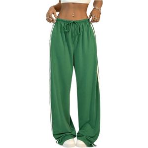 Women's Y2K Baggy Sweatpants Wide Leg Track Pants Striped Low Rise Drawstring Pant Joggers Streetwear (Large, Light Green)