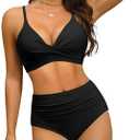 Women's High Waisted Bikini Set Push Up V Neck Ruched Bottom Stylish Two Piece Swimsuit Bathing Suit, Black, Large