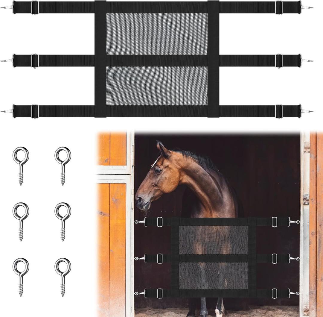 Nylon Stall Guards for Horses with Adjustable Straps and Sturdy Snap Hooks 57 x 18 Inch Mesh Doors for Horses Black Stall Gate with 6 Nails to Keep Horse Securely