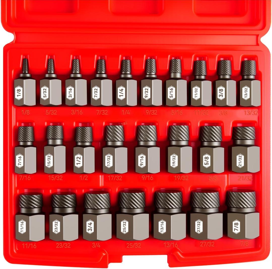 25-Piece 3/8" Drive Impact Bolt Extractor Set, 1/8" - 7/8", Hex Head Multi-Spline Easy Out Screw Extractor Set for Removing Broken Studs, Bolts, Screws, CR-MO Steel, with Heavy Duty Case