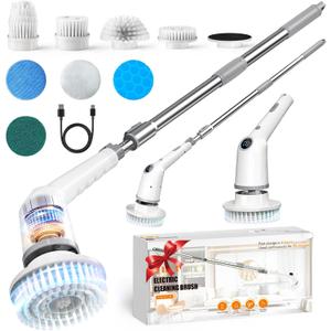 Electric Spin Scrubber,Cordless Cleaning Brush,Bathroom Shower Scrubber with Long Handle Adjustable,3 Speeds,IPX7 Waterproof,Digital Display,8 Replaceable Brush Heads for Tile Bathtub Car Kitchen Wall
