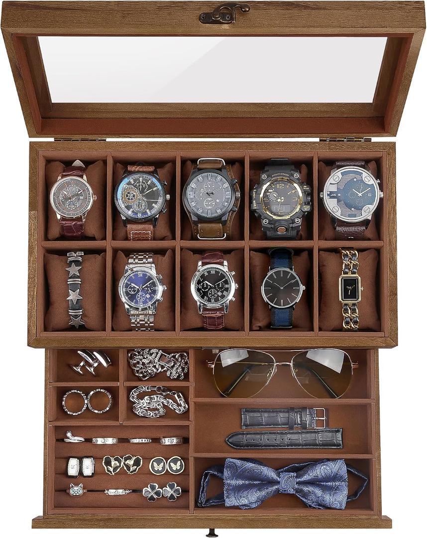 Watch Box with 10 Slots, 2-Tier Watch Case for Large Dial Watches, Watch Display Case with Lid, Removable Watch Pillows, Gifts for Men Women, Watch Organizer with Drawer, Jewelry Box, Walnut