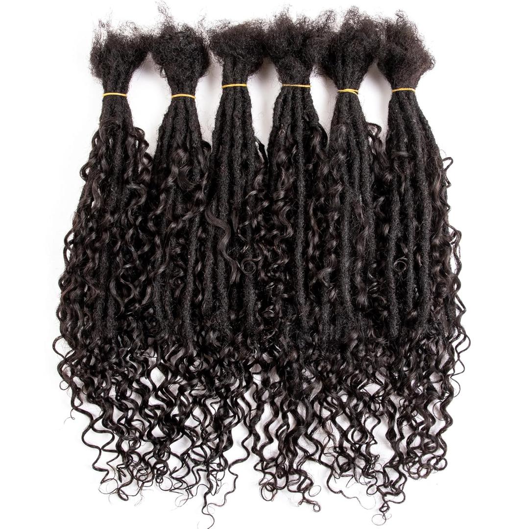 DAIXI Boho Loc Extensions Human Hair with Curly Ends for Women, Can Be Dyed Bleached Handmade Human Hair Dreadlocks with Human Hair Curls Extend Out (1B-0.6cm-Straight, 20 Inch 30 Strands)