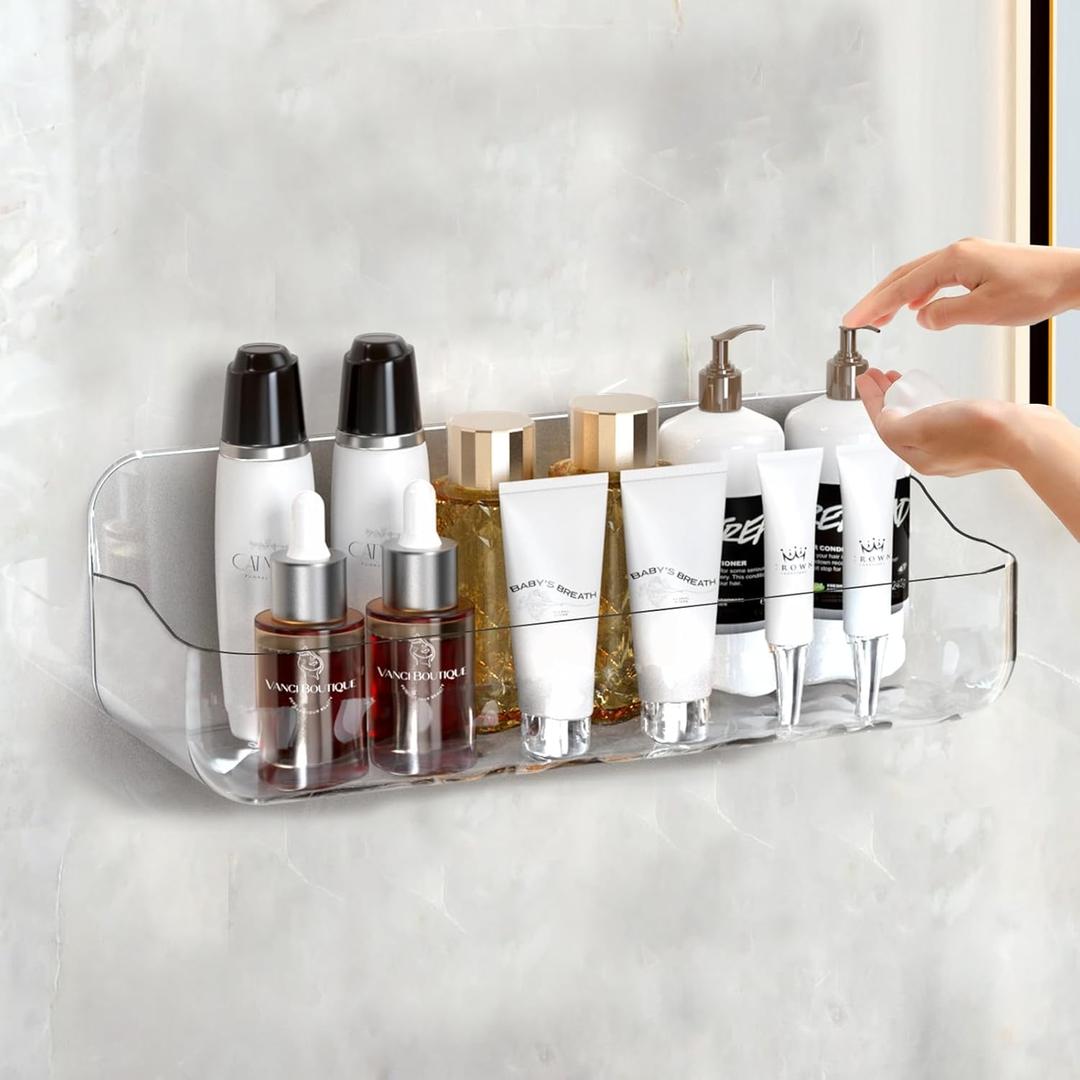 Lsnisni Acrylic Shower Shelves,Self Adhesive Bathroom Shelf No Drilling, Clear Shower Caddy with Adhesive Strips, Drain Holes, Wall Mounted Shower Organizer for Bathroom Storage, Large