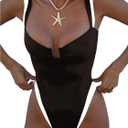WDIRARA Women's Contrast Trim One Piece Swimsuit Spaghetti Strap High Cut Swimwear (Brown, XL)
