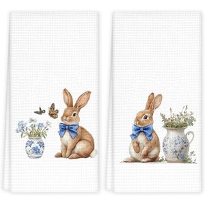 Easter Bunny Floral Kitchen Towels, Rustic Farmhouse Dish Towel for Kitchen, Bunny Gifts for Women Tea Towels, Cottagecore Botanical Easter Rabbit Hand Towel for Bathroom, 16x24 Inch Set of 2