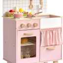 Pink Wooden Play Kitchen with Realistic Features & Accessories, Pretend Cooking Toy for Kids 3+, Ideal Gift for Toddler Boy and Girls, 33.9 x 12.1 x 16.4 inches