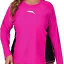 Halcurt Womens Plus Size Long Sleeve Rash Guard Swim Shirt with Built in Bra Loose Fit UPF50+ Swimsuit Top 3X, Hot Pink/Black