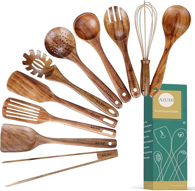10 Pack Wooden Utensils for Cooking, Wood Utensil Set for Kitchen, Teak Wooden Spoon for Cooking, NonStick Spatula Ladle