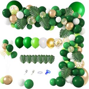 Amandir 163Pcs Jungle Party Balloons Garland Arch Kit, Gold Green Balloons Dinosaur Party Decoration with Palm Leaves for Safari Animal Wild One Birthday Baby Shower St Patricks Day Party Supplies
